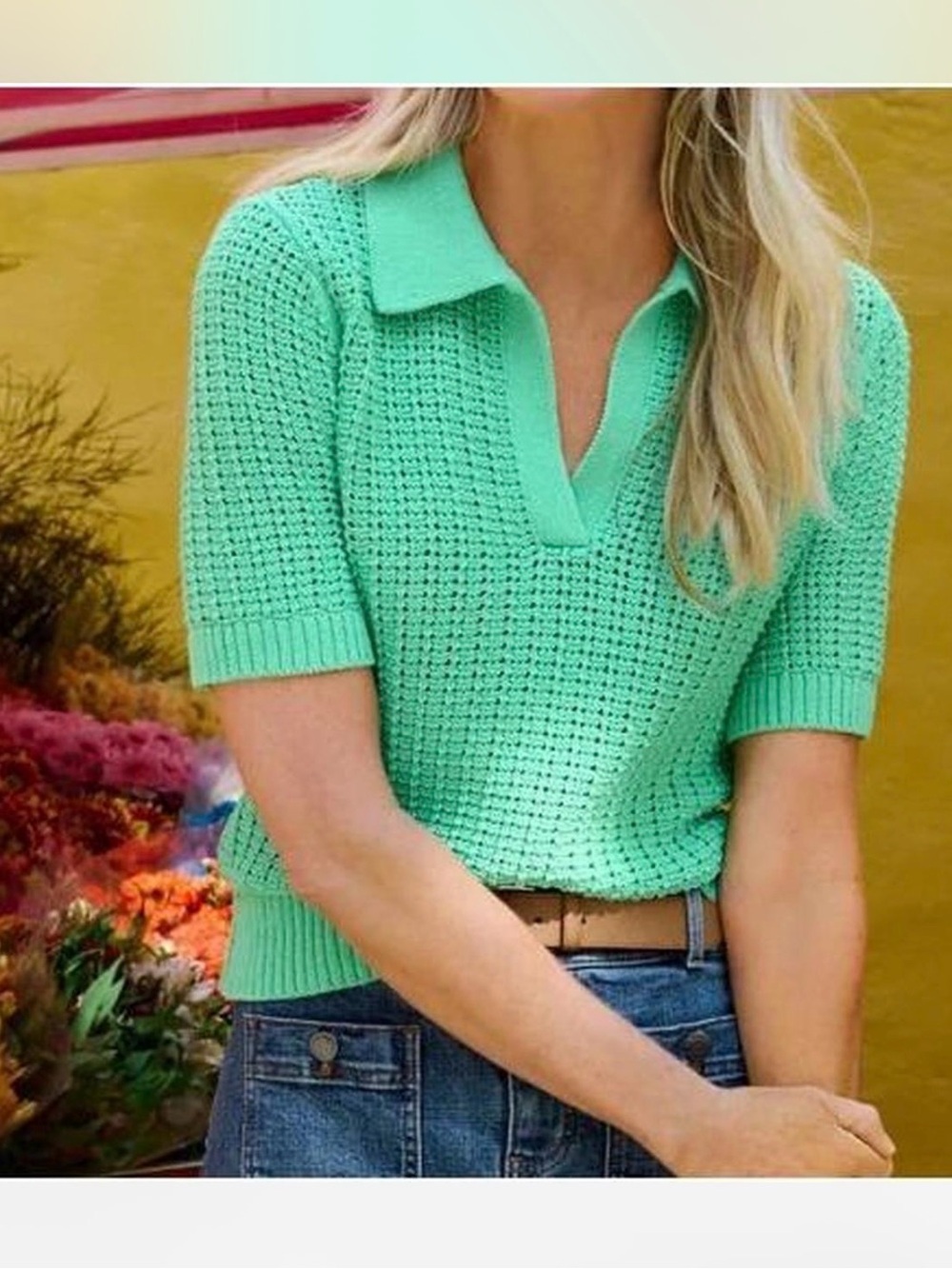 Talbots Mint Green Open-Knit Polo Sweater